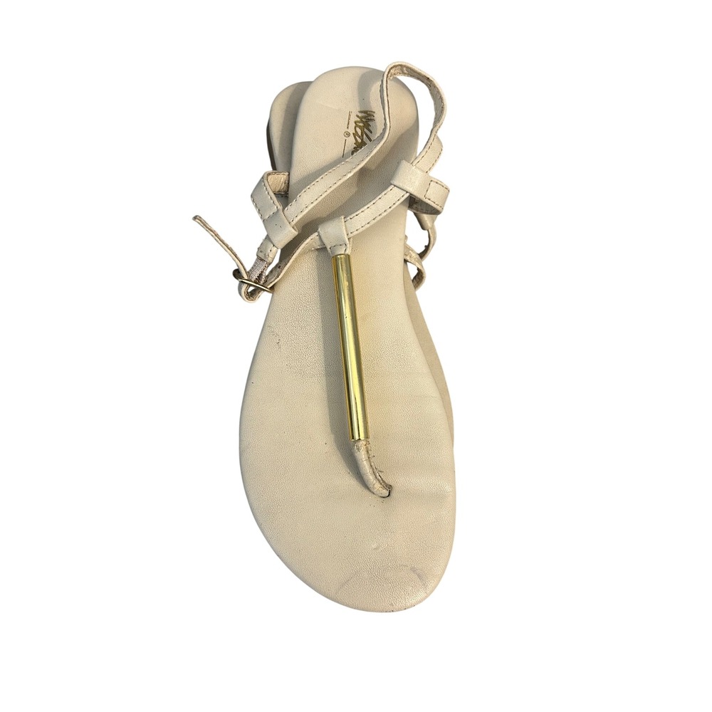 Mossimo Cream T-Strap Sandals Womens Size 5.5 Gold Bar Detail Ankle Strap Flat